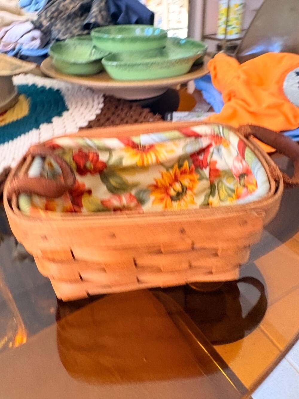 Longaberger Handwoven Dresden Ohio USA Small Double Handles Basket with Floral F